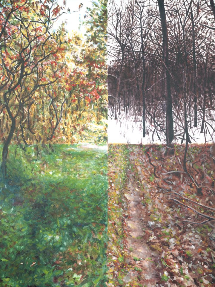 I was commissioned to make this piece as a present for the client's fiance. We worked together to create a composite of four seasons' worth of photos of their "special spot" in the woods up in Illinois. (acrylic on canvas) 